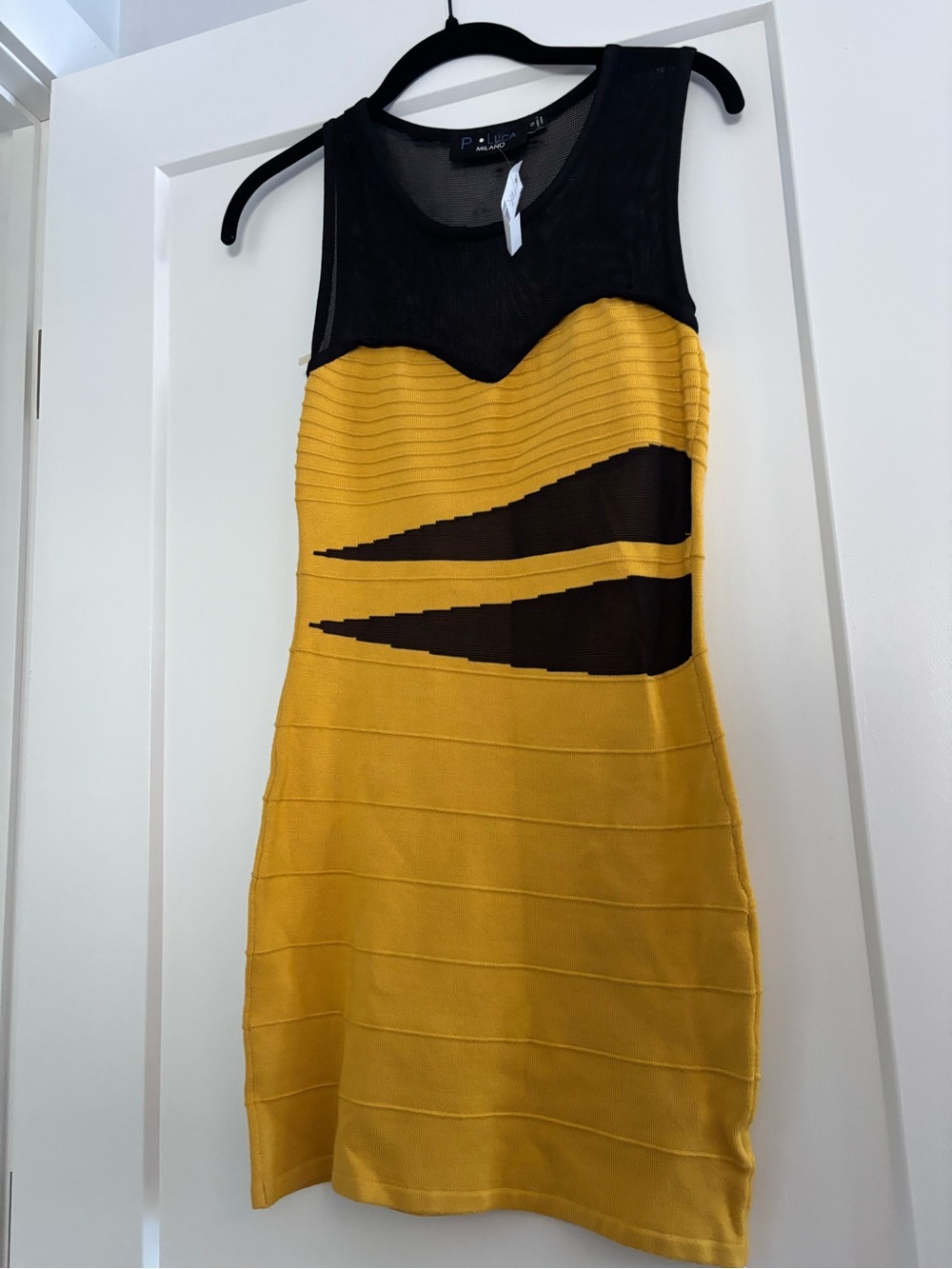 Yellow & Black Mesh Panel Bodycon Dress